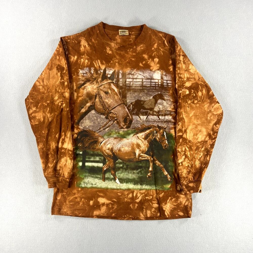 Vintage 90s Perrin Horse‎ Tie Dye Long Sleeve Graphic Orange/Brown Mens Size M